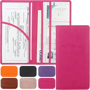 Premium Leather  Registration &  Card Holder with  Shut,  Glove Box  Organizer - For Documents, Cards, License (Rose red)