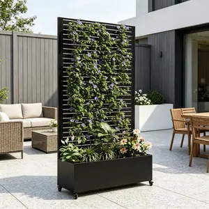Summervibes Metal Planter Box with Trellis, 73"x35"x16 Raised Garden Bed with Drainage Holes, Lockable Wheels & Privacy Screen for Climbing Plants, Vegetables