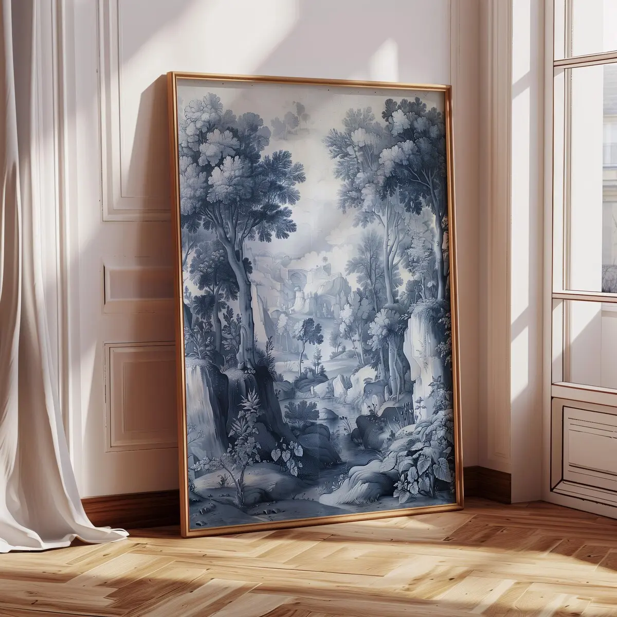 Vintage Blue Chinoiserie Wall Art – Antique Landscape Print, Classic Room Decor, Unframed, 5 size, 8x12 to 27x40 inch