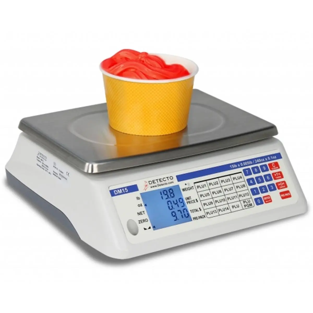 Detecto Electronic Price Computing Scale Kitchen - 13.4x13.4 in, 240 oz, 110/120 Vac 50/60 Hz AC Adapter, Dual Operator & Customer Displays (0.5-in & 13-mm High), Pre-Pack Key for Unit Price & Tare Retention, Food Weighing Scale, Weighing Scale For Food