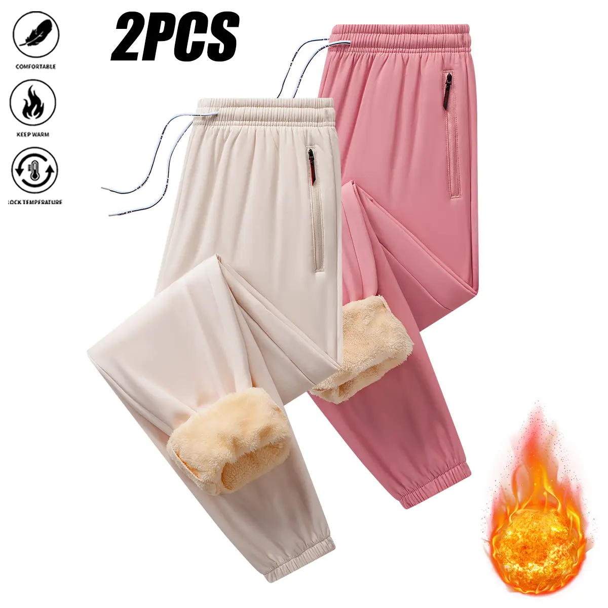 JOGWAVE Women’s 2PCS Windproof Fleece-Lined Winter Jogging Pants - High Waist, Elastic Drawcord, Windproof Warmth, Tapered Slim-Fit Long Pants with Zip Pockets, Athletic Chic for Commuting, Outdoor Activities