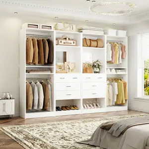 Closet System Set with Big Mirror and Drawers, Reversible Walk-in Closet Organizer System Wardrobe with Hanging Rods and Adjustable Shelves