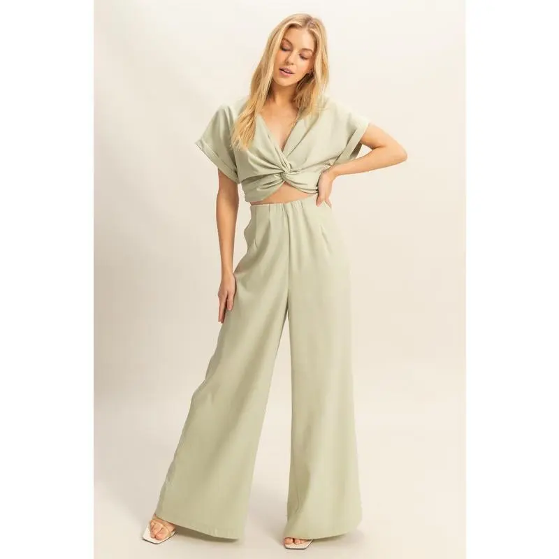HYFVE Twisted Front Short Sleeve Top and Wide Leg Pants Set
