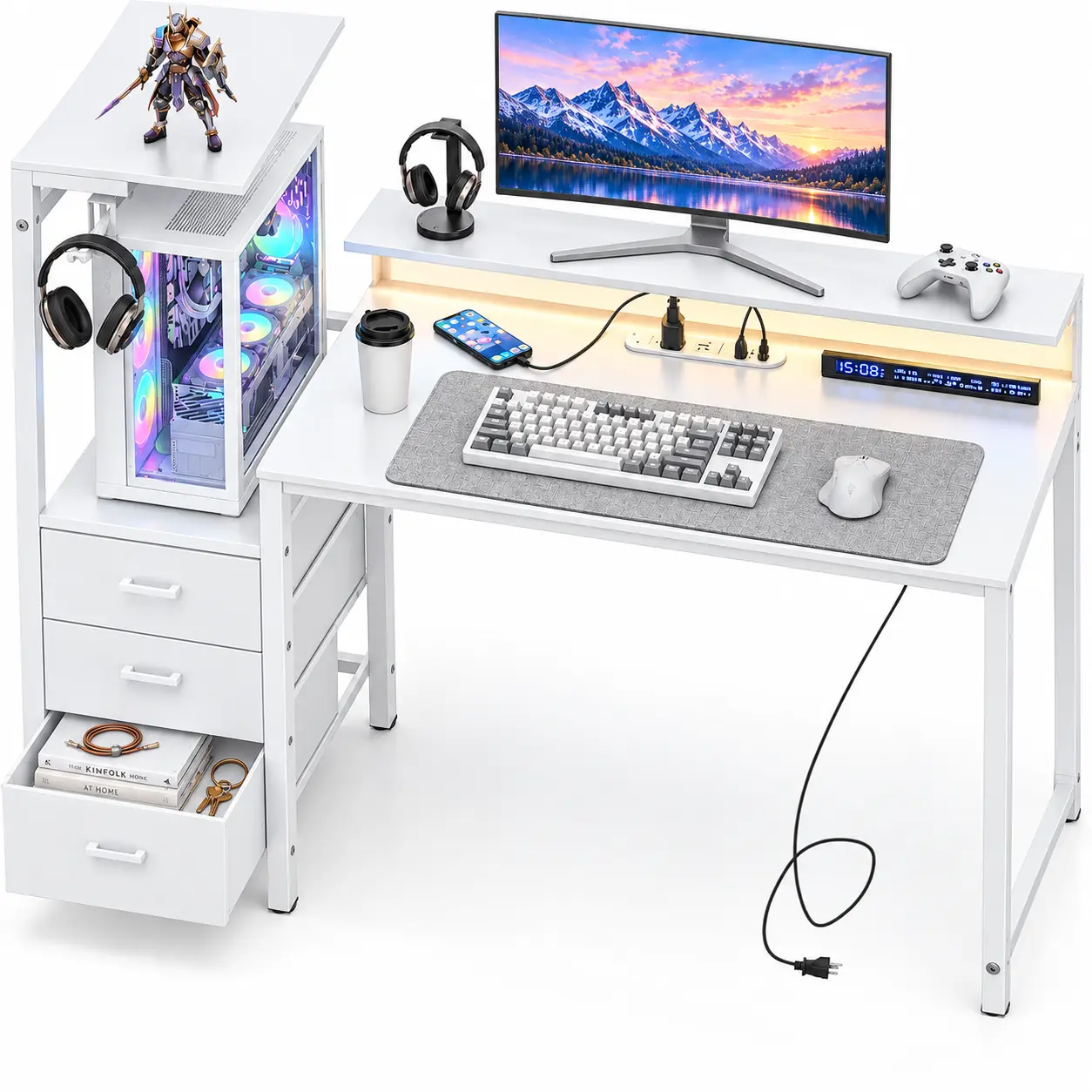 60 Inch Reversible Gaming Desk with LED Lights & Power Outlets, Computer Desk with Monitor Stand, 3 Fabric Drawers, Full-Tower PC Case Stand, 4 Side Hooks, 2 AC Outlets, 2 USB-A & 1 USB-C for Home Office  furniture