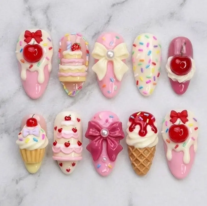 Sweet Dessert Press On Nails 3D Cake And Ice Cream Art Kawaii Cherry Sprinkles Pink Pastel Nail Set