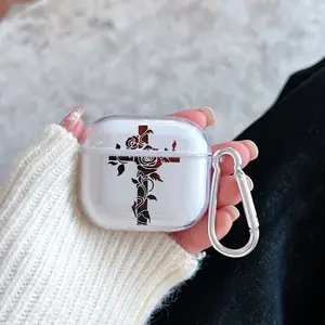 Rose of the Cross Pattern Protective Case for AirPods 4/3/2/1/Pro/Pro2 Soft TPU Earphone Cover, Transparent with Keychain