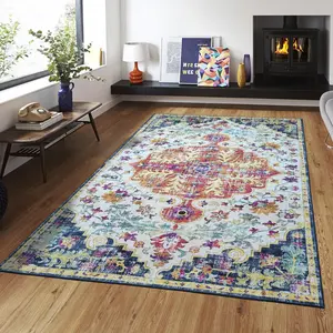 METSAVAIM Area Rug - Bohemian Area Rug for Bedroom | Non Slip and Ultra Soft Machine Washable Rug for Indoor & Outdoor Use | Boho Rug for Living Room, Dining Room and Home Décor - Blue and Multi