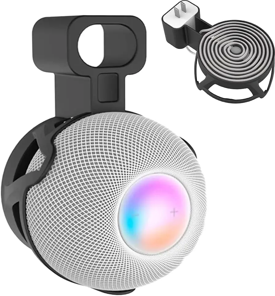 Wall Mount Stand for HomePod Mini Smart Speaker, Black | Outlet Holder, Cable Storage, Quality ABS Hard Case, Socket Space Saving, Indoor Multi-Room Use