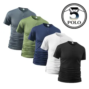 Pack of 5 Men's Half Placket Polo Collar T-Shirt Solid Color Short Sleeve Casual Everyday Shirt with Foldable Design Top Tshirt