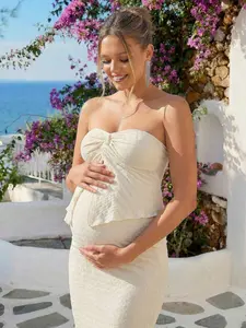 BELLAdresses Maternity Solid Color Ruched Hem Bandeau Top And Fitted Skirt 2 Pieces Set Dress