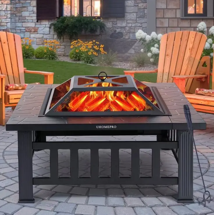 Fire Pits for Outside, 32" Wood Burning Fire Pit Tables with Screen Lid, Poker, BBQ Net, Food Clip and Cover, Backyard Patio Garden Outdoor Fire Pit/BBQ Fire Pit, Black