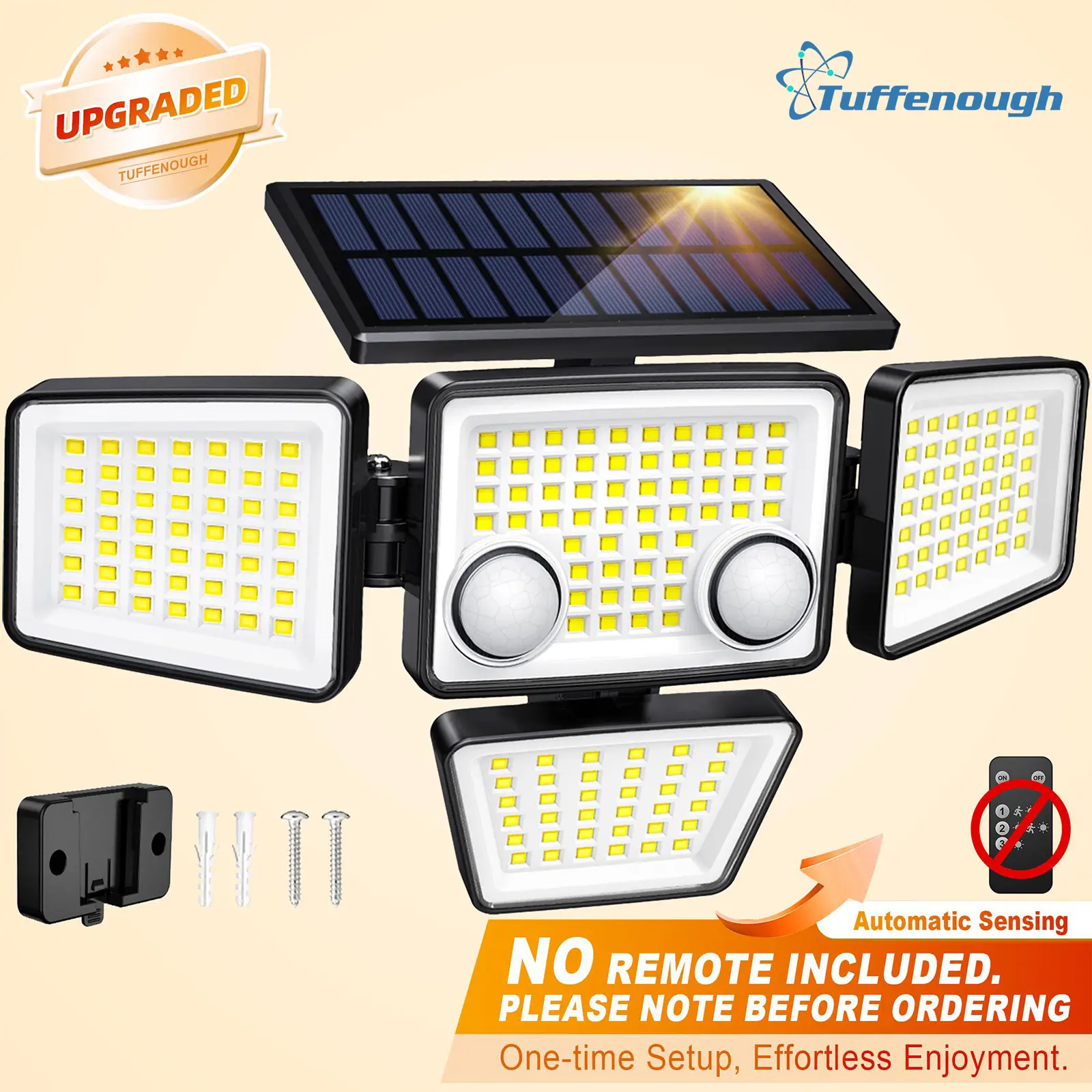 Tuffenough Solar Motion Sensor Lights-4 Heads 3000LM, IP65Waterproof, 270°Wide Angle Lighting Security Light for Yard, Garage, Porch, Pool,Garden,Barn,Patio,#Deals for You Days