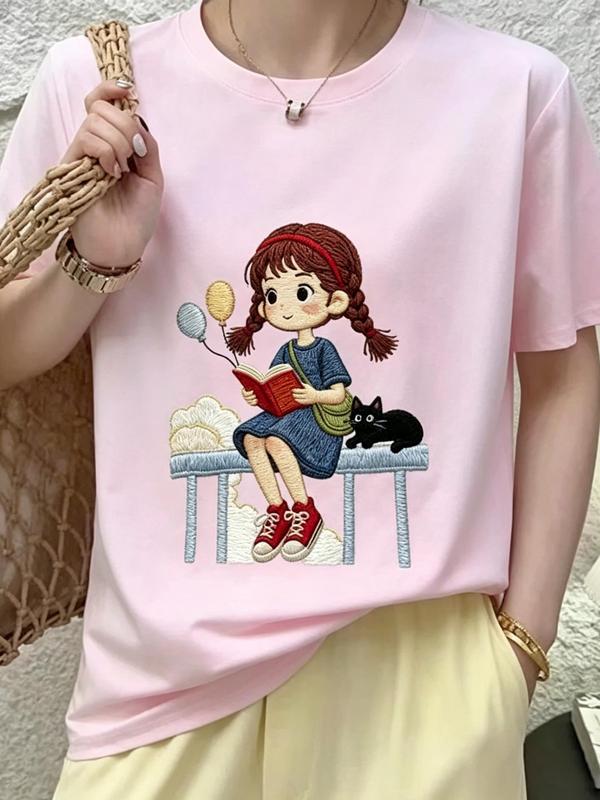 Women's 100% Soft Cotton Oversized Cropped Short-Sleeve Graphic T-Shirt - Crew Neck, Loose-Fit Basics, Girl Reading with Cat Heat Transfer Print, Plus Size, Kawaii Style, Valentine's Day Casual Streetwear, All-Season Fabric Top