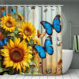 Sunflower Pattern Bathroom Decor Set, 4 Countsset Including Shower Curtain & Toilet U-shape Mat & Bathroom Mat & Toilet Lid Cover, Bathroom Decor Supplies, Bathroom Decoration Accessories