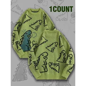 Unisex dinosaur pattern sweater, cute knit pullover, loose fit comfortable casual wear, suitable for spring autumn winter