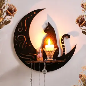 Creative Cat Sitting Moon Wall Decor, Simple Cat Silhouette Wooden Candle Holder Shelf, Indoor Home Wall Decoration Storage Rack, Lantern Candle Holder