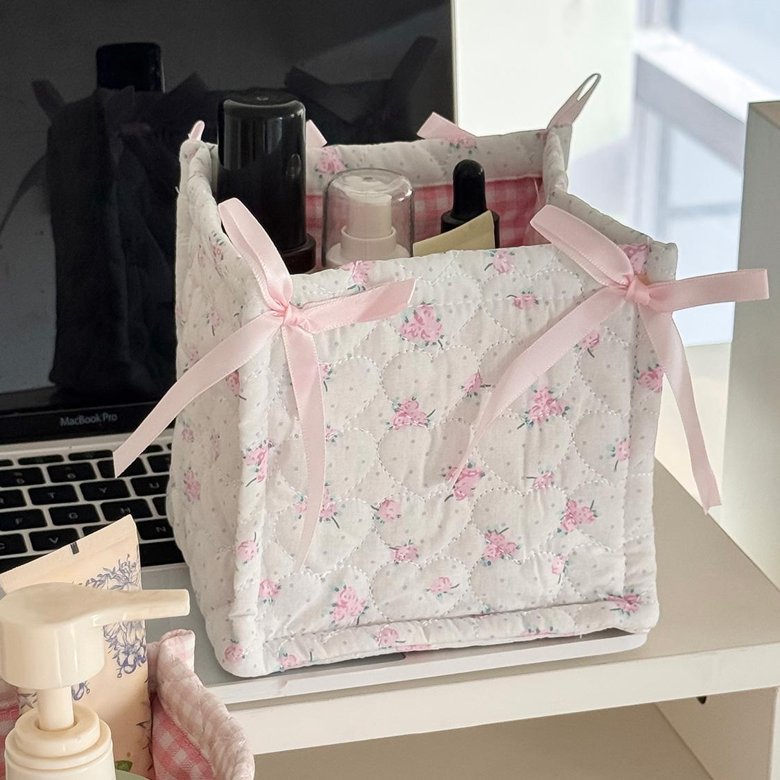 Bow stitched desktop storage box, small bear floral fabric storage basket, girly cosmetics organizer