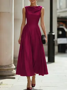 Elegant Women's Dress, Scoop Neck Sleeveless Satin Waist A-Line Pleated Solid Color Dress, Ideal for Daily Wear, Formal, Parties, Events