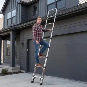 Home ladder, telescopic ladder, attic ladder, one-button retractable ladder, maximum load capacity 330 lbs, with non-slip feet, suitable for home, outdoor work, attic and other scenarios.