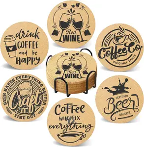 Set of 6 Drink Coasters with Holder, Absorbent Cork Coasters for Coffee, Desk, Office, Table, Kitchen, Home Decor, Housewarming Gifts for New Home Couples