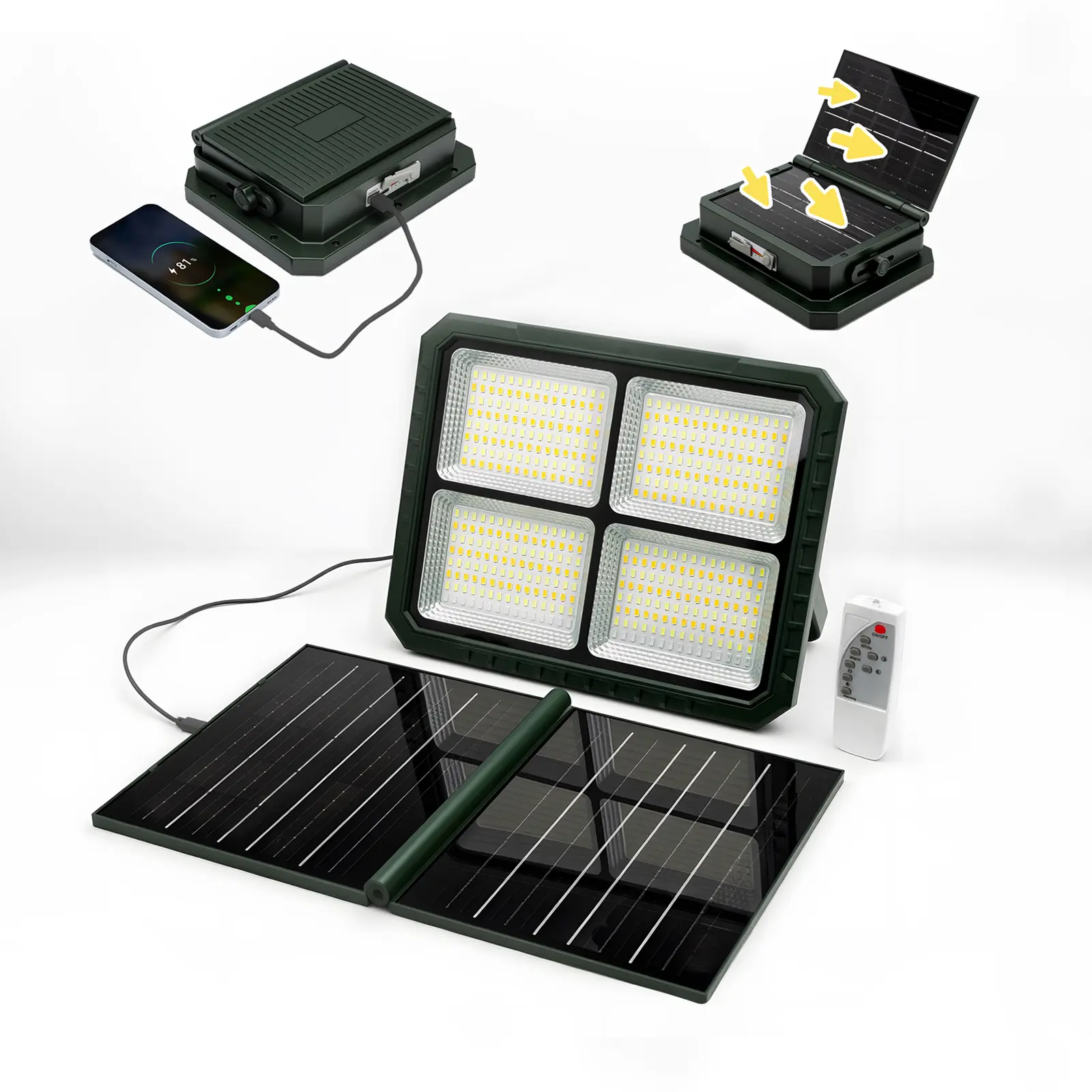 OSTWIKI Solar Rechargeable LED Work Light - 288 Super Bright 5730 Beads, USB/Type-C Charging, Foldable Adjustable, 6-8 Hours Runtime, Battery-Powered Flood/Spot Lighting, High Lumens Rechargeable LED Flashlight, Home Improvement Gift, High Lumens Flashlig