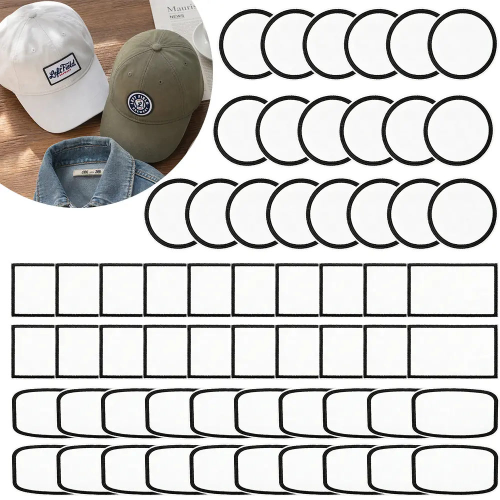 60 pcs Sublimation Patches 3 Shapes Repair Embroidery Blank Patches Exquisite Fabric Patches for DIY Crafts Hats Caps Backpack Uniforms