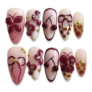 100% Handmade | 3D Almond Press-On Nails, Reusable Fake Nails with Cherry & Butterfly Design, Salon-Quality Manicure for Daily Wear & Special Occasions