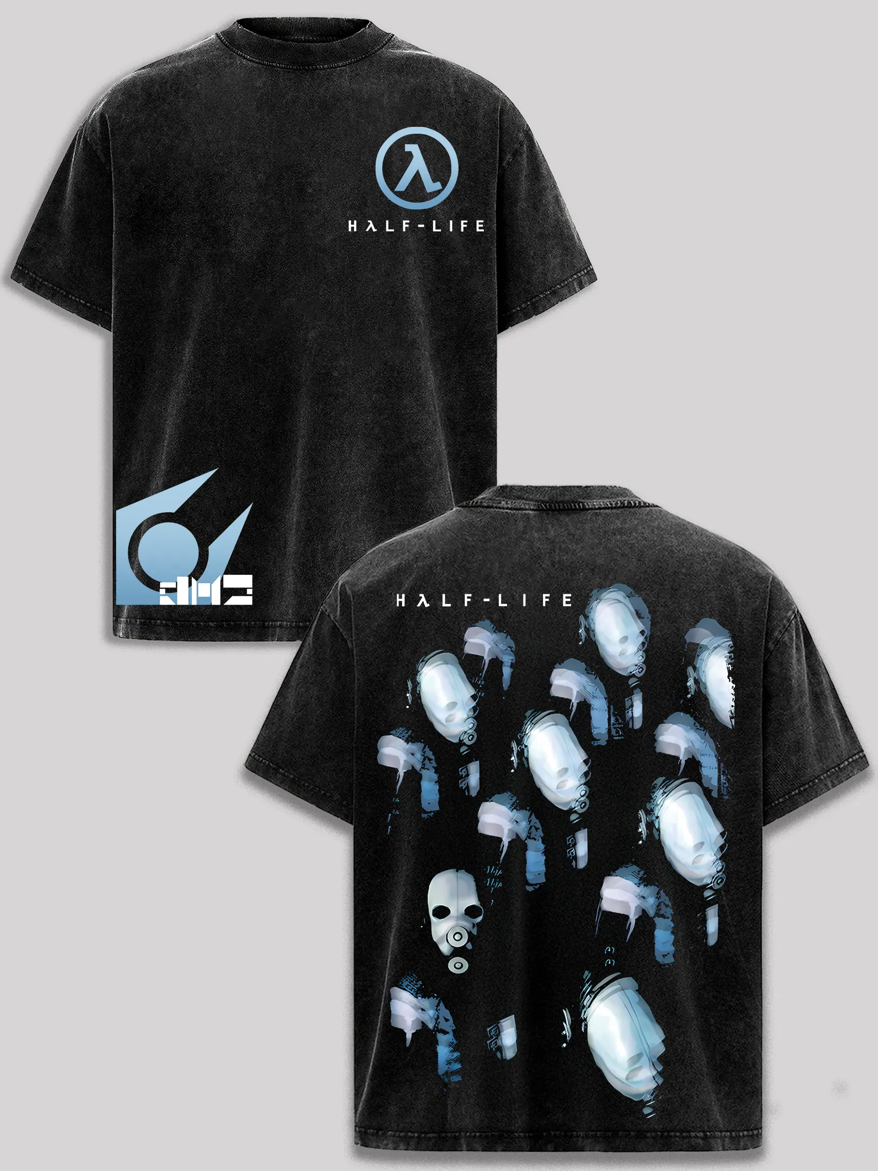 Men's Half Life Vintage Washed Oversized Streetwear T-Shirt - Gordon Freeman Combine Sci-Fi Gaming Graphic, Heavyweight Cotton, Relaxed Fit, Shortsleeve Tops Garment, Black Acid Wash, Unisex, Breathable, Casual, Menswear, Seamless, Round Neck, Fabric, Sof