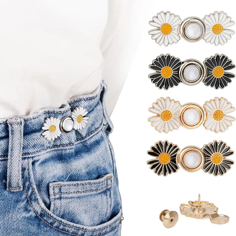 Adults' Reusable Floral Daisy Detachable Zinc Alloy Resin Jeans Waist Tightener Pins - 4 Sets, Built-in Spring Mechanism, Center Pearl-Style Accent, No-Sew No-Tools Easy Waist Adjustment, Fits Jeans Pants Skirts, Fashion Accessory Brooch