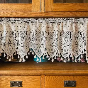 1 PC Retro Crochet Curtain Valance for Kitchen Window  Over Sink 1PC,Beige Boho Crochet Curtains 15 inch Length Rod Pocket Doorway Curtain Short Tassel Curtain for Laundry Room Basement Bathroom