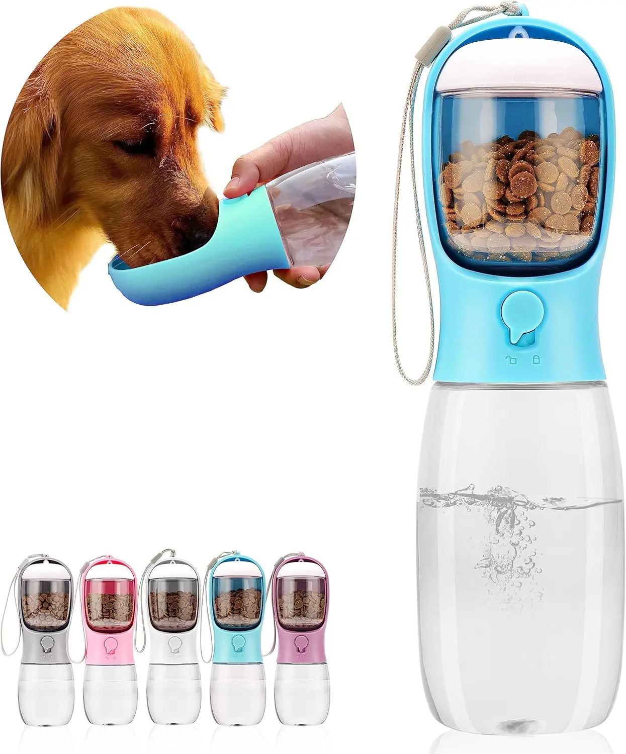 20oz Bisphenol A (BPA)-Free Compact Leak-Proof Food-Safe 3-in-1 1-Hand Press Portable Dog Water Bottle (Removes Impurities), 10oz-15oz Outdoor Pet Travel Bowl Dispenser with Treat Container, Poop Bag Holder, Summer Walking Accessory for Large Dogs - Pink,