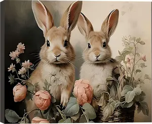 Easter Living Room Canvas Art, Two Bunny Vintage Painting Canvas Print, Farmhouse Rabbit Artwork Picture Wall Art, Easter Themed Decor Framed Ready To Hang