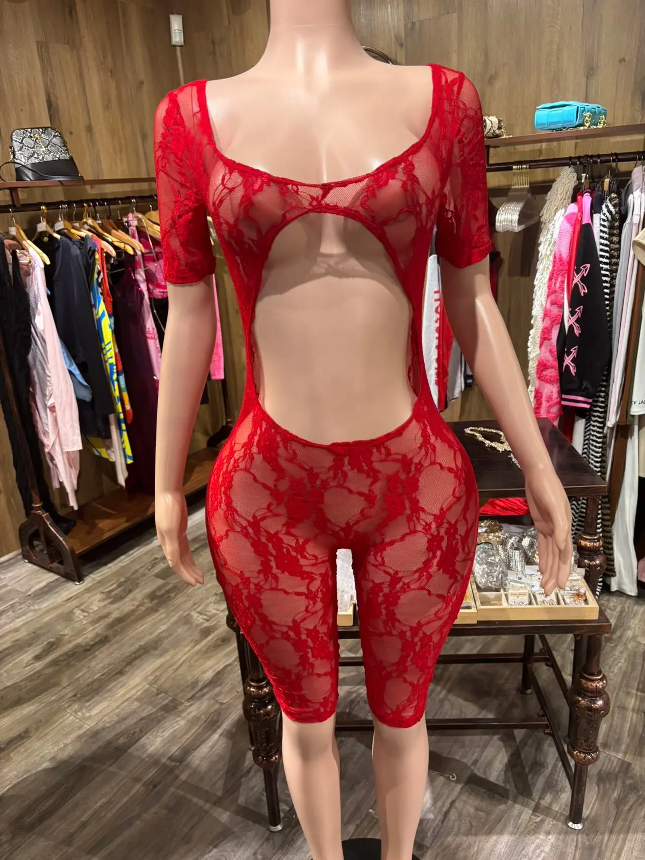 Women's Sheer Lace Short-Sleeve Romper - Sexy Backless Lace Detail Jumpsuits & Rompers, Polyester Spandex Fabric, Comfortable Sheer Lingerie for Party Outfits