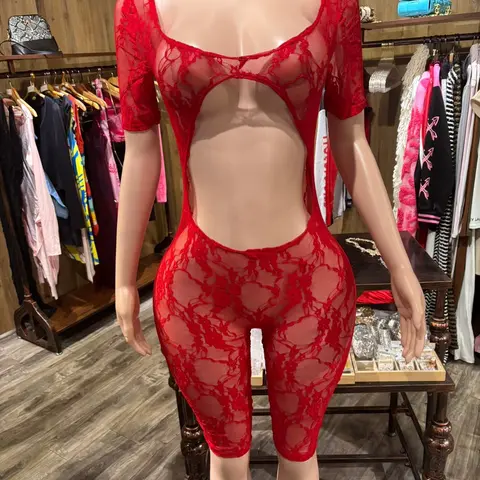 Women's Chic Lightweight Sheer Lace Short-Sleeve Above-the-Knee Romper - Polyester-Spandex Fabric, Backless 1-Piece Lingerie, Club Clothes for Women Jumpsuits