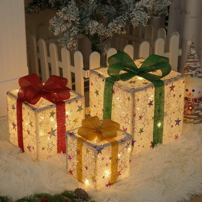 Christmas Decor 3pc Light Gift Box Set 8 Modes Remote Control Warm Glowing AA Battery Powered Lights Festive Ribbon DIY Assembly Indoor Outdoor with One Long Connected Light String(No battery included）