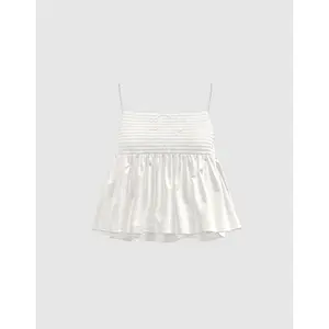 URBAN REVIVO 2026 Women's 100% Cotton Yarn Spaghetti Strap Fitted Thin Minimalist Shirred Sleeveless Cami Top, Daily Wear Tank