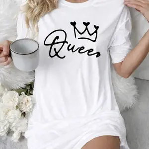 Queen Letter Print Nightdress for Women, White Short Sleeve Lounge Sleep Shirt, Soft Casual Sleepwear Homewear Dress