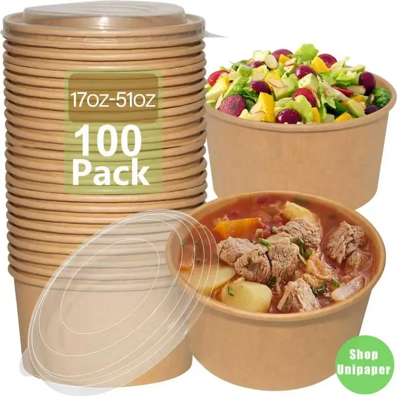 Unipaper 100-Pack Disposable Paper Bowls with Lids Heavy-Duty Microwave Safe Leakproof for Soup Salad Camping Family Use Bulk Pack
