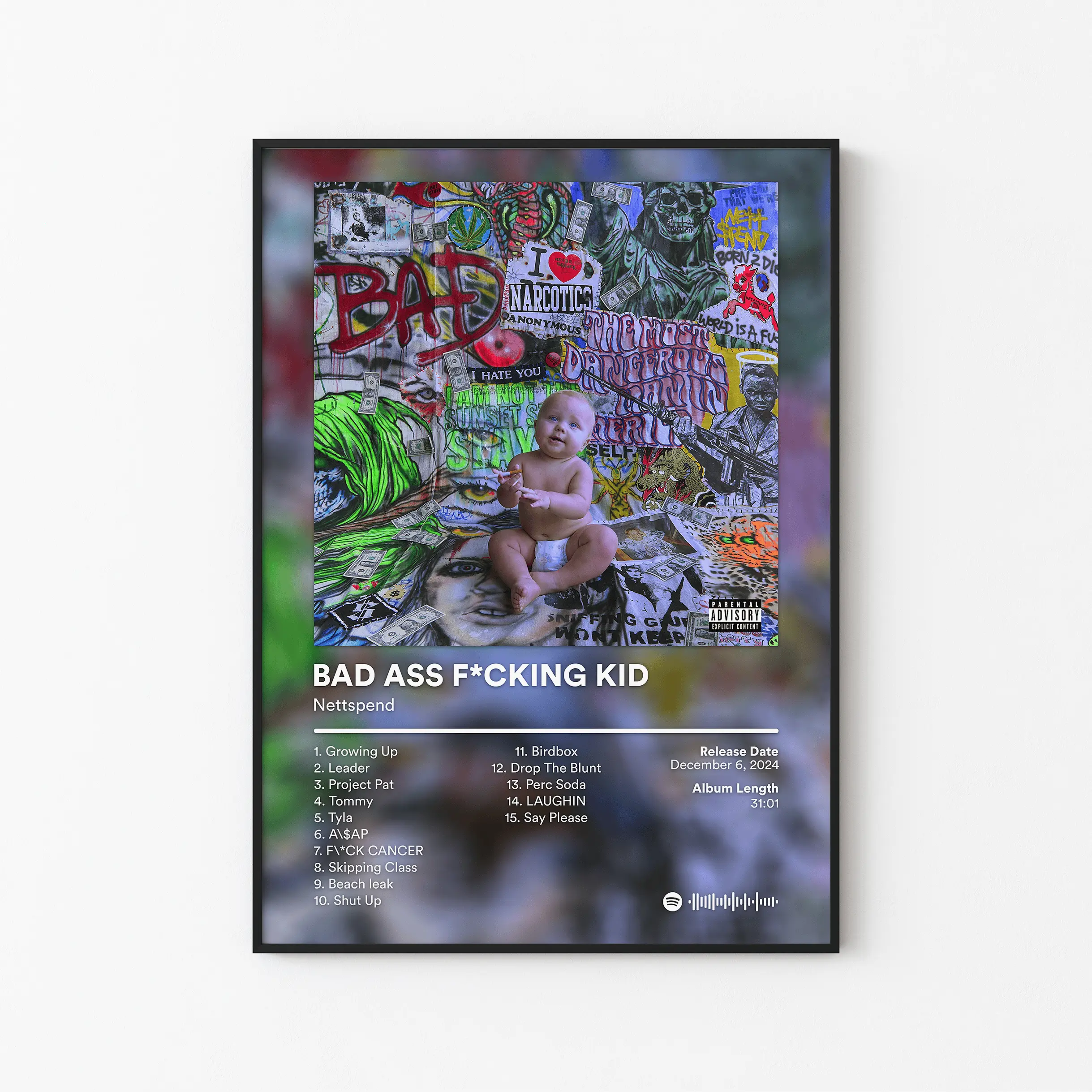 [ RAP ALBUM POSTER – UNFRAMED ] Nettspend Album Poster, Badass Kid Tracklist Art, Underground Rap Wall Decor, Gen Z Aesthetic