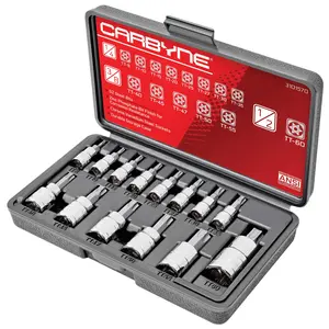 CARBYNE 14 Piece Tamper Proof Torx Bit Socket Set CRV S2 Steel T-8 to T-60 Sizes 1/4 3/8 & 1/2-inch Drive with Durable Storage Case
