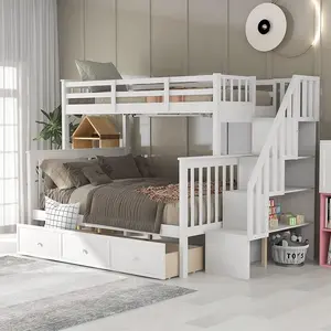 Stairway Twin Over Full Bunk Bed Wood Frame with Drawer, Storage and Guard Rail for Bedroom, Dorm, Teens Adults
