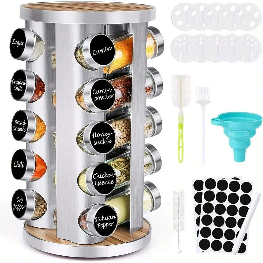 Spice Rack Organizer With Jars For Cabinet (20Pcs), 360° Turntable Seasoning Organizer With Labels, Stainless Steel Or Wooden Countertop Spice Tower,  Funnel And Brush, Kitchen Essentials
