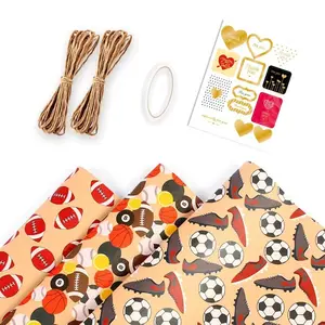 Set of 3 Sports Theme Gift Wrapping Paper, Football Basketball Rugby Prints, Includes Twine, Tape and Stickers, Perfect for Sports Lovers