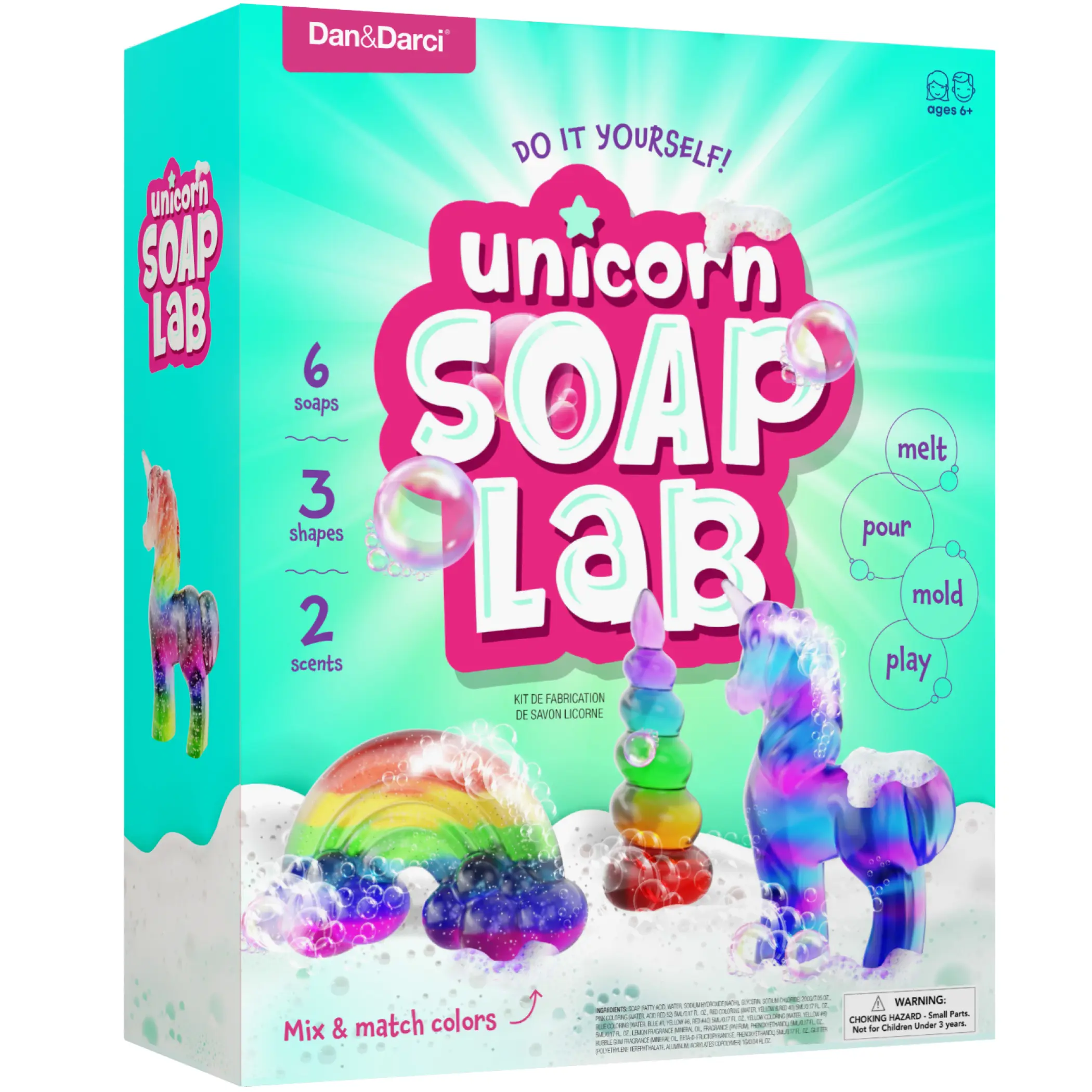 Dan&Darci Unicorn Soap Making Kit DIY Scented Glitter Unicorn Rainbow Horn Molds STEM Bath Fun 6 Soaps 3 Shapes 2 Scents