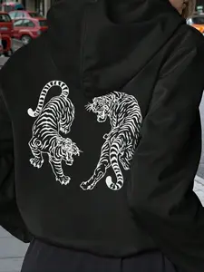 Women's Tiger Print Drawstring Pocket Hoodie, Casual Drop Shoulder Long Sleeve Hooded Sweatshirt, Ladies Fall & Winter Clothes for Daily Wear