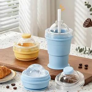 Portable Foldable Ice Cup, Food-Grade Silicone Collapsible Cold Drink Cup with Reusable Straw, Leakproof Lightweight Travel Mug for Outdoor, Beach, Camping, Picnic