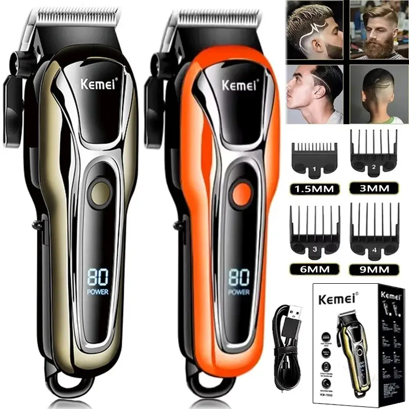 Kemei PG1990 Professional Barber Hair Clipper Electric Clipper USB Rechargeable Hair Trimmer for Men LCD Display Haircut Machine Cordless Barber Trimmer