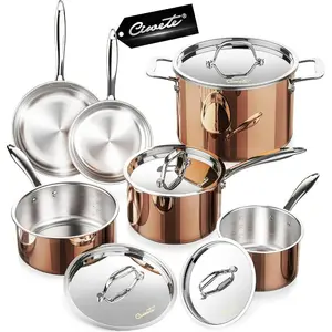 Whole Tri-ply 18/10 Stainless Steel Pot and Pan Set (10 Piece), Copper Pots and Pans Set with Stainless Steel Lid, Induction Cook