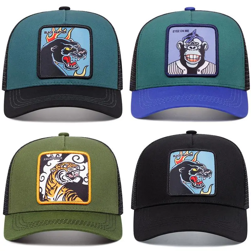 Embroidery Hip Hop Cap - Animal Design Baseball Hat with Adjustable Strap - Unisex Couple Style Mesh Trucker Hat Black Snapback Premium Headwear Graphic Hat