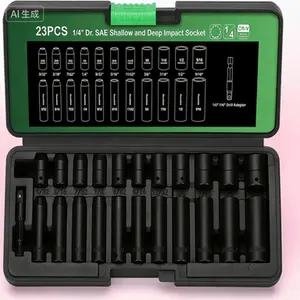 1/4-Inch Drive SAE 12-Point Impact Socket Set, 23-Piece Shallow and Deep, 5/32 to 9/16 Inch, CR-V Steel, Includes Drill Adapter, Professional Grade, Reusable Tool Set